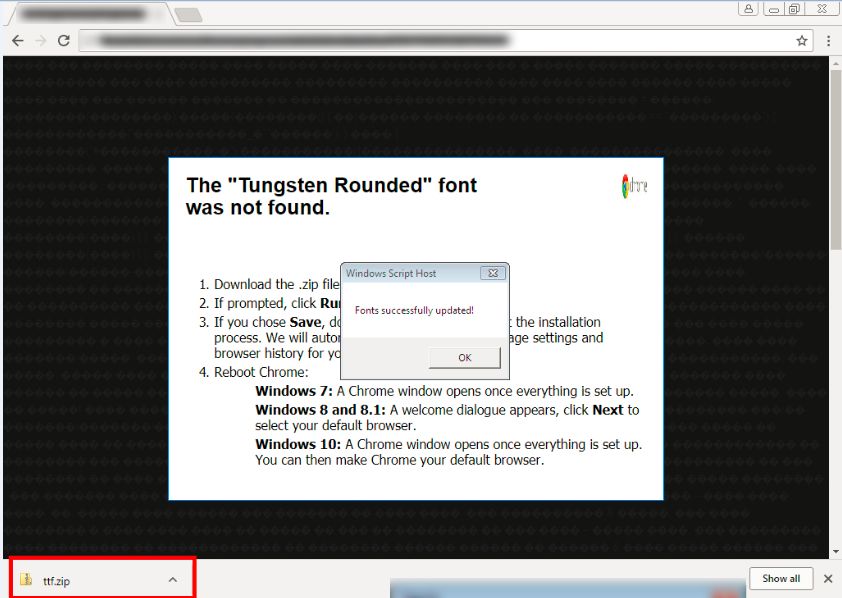 Fig 4. Pop up window with instructions and downloads malicious ZIP file