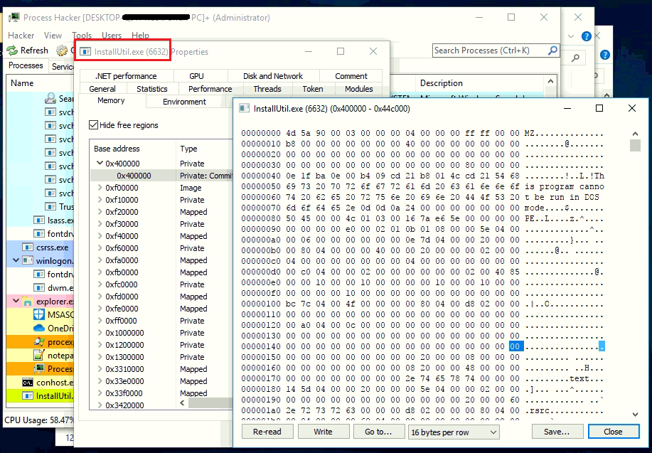 Figure 11: Payload injected in InstallUtil.exe