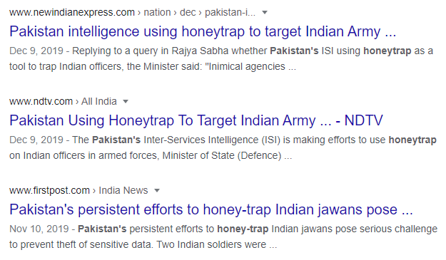 Image: Newsfeeds showing the use of ‘honey trap’ cases
