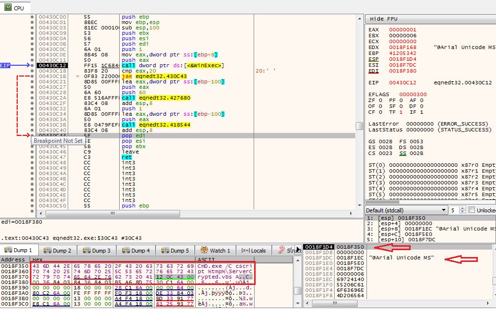 Figure 8: Return address, overwritten with WinExec