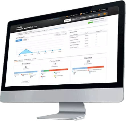 A monitor showing Seqrite Endpoint Security Software Dashboard.
